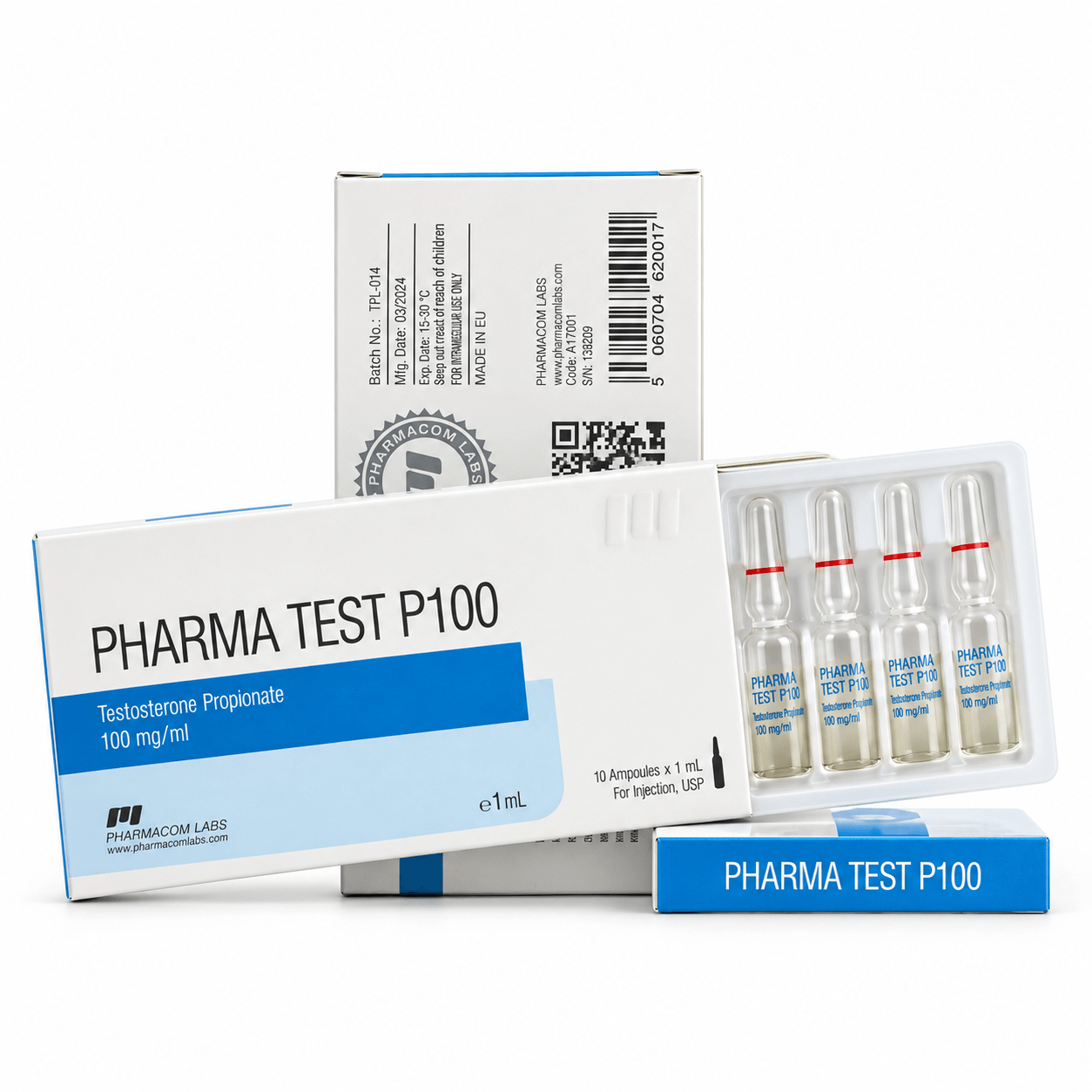 PHARMATEST P 100 Ampules with packages on white background