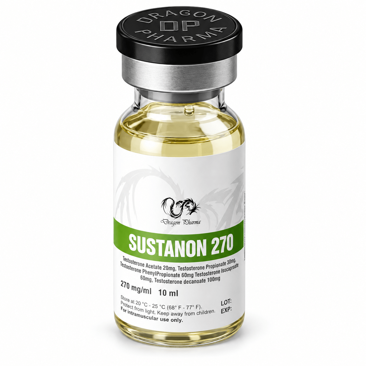 Sustanon 270mg/ml dragon pharma vial on white background