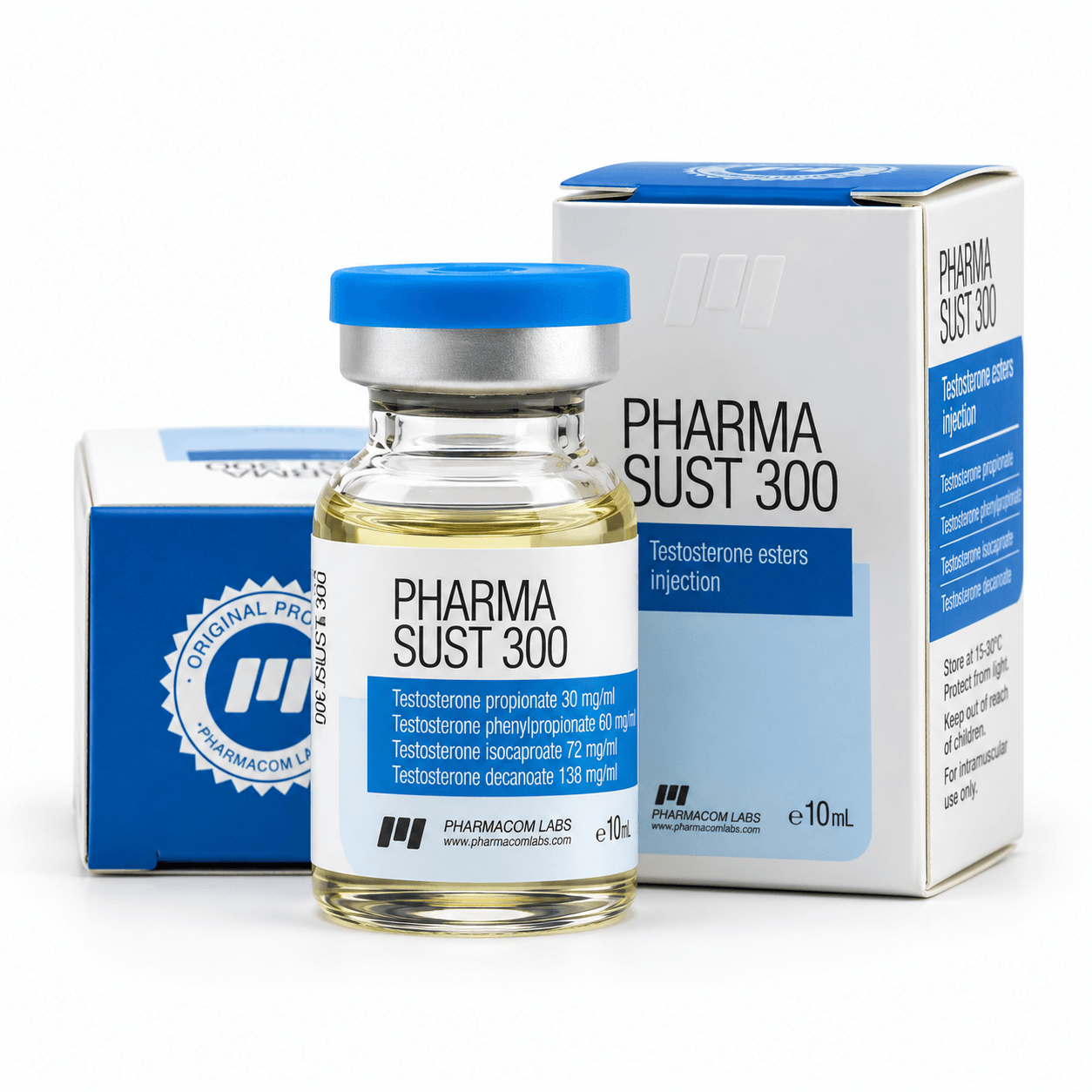 Pharmasust 300 pharmacom vial and packages on white background