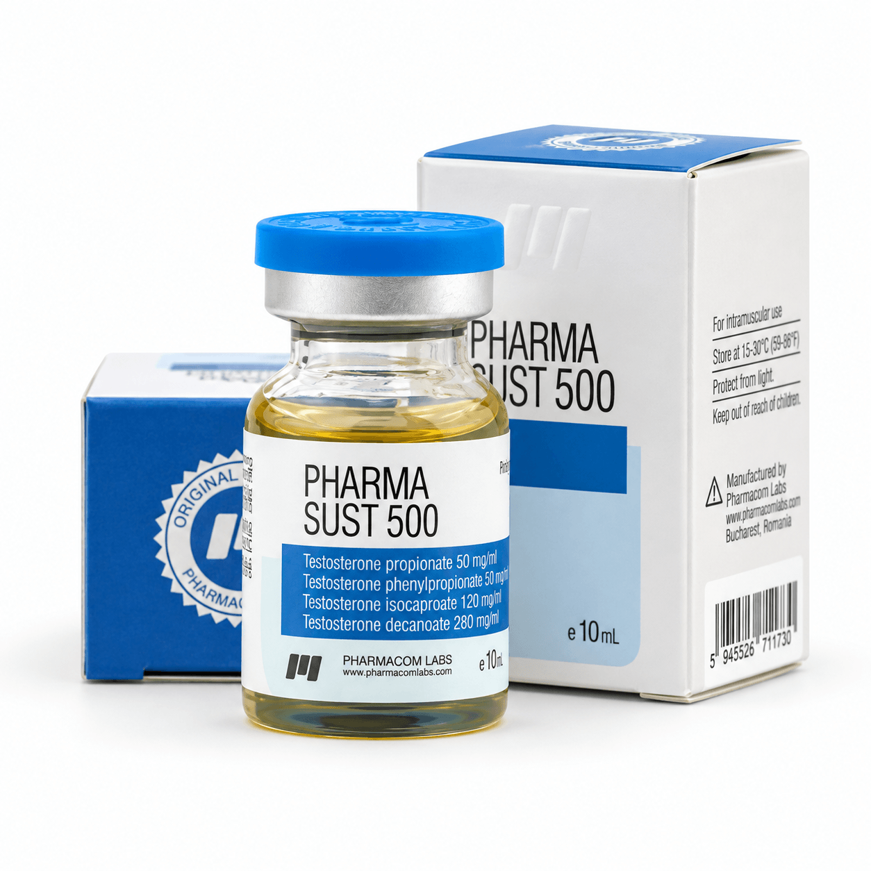 Pharmasust 500 (Testosterone mix) pharmacom vial and packages on white background