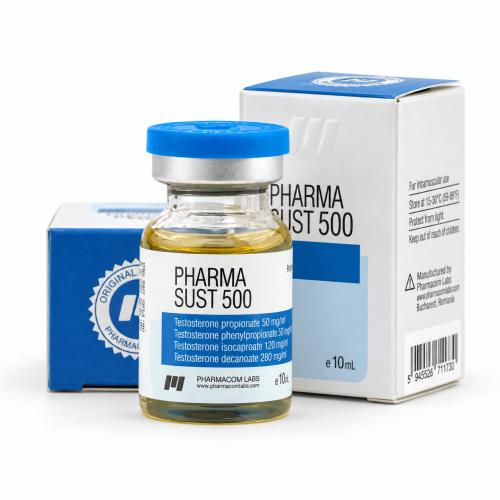Pharmasust 500 (Testosterone mix) pharmacom vial and packages on white background