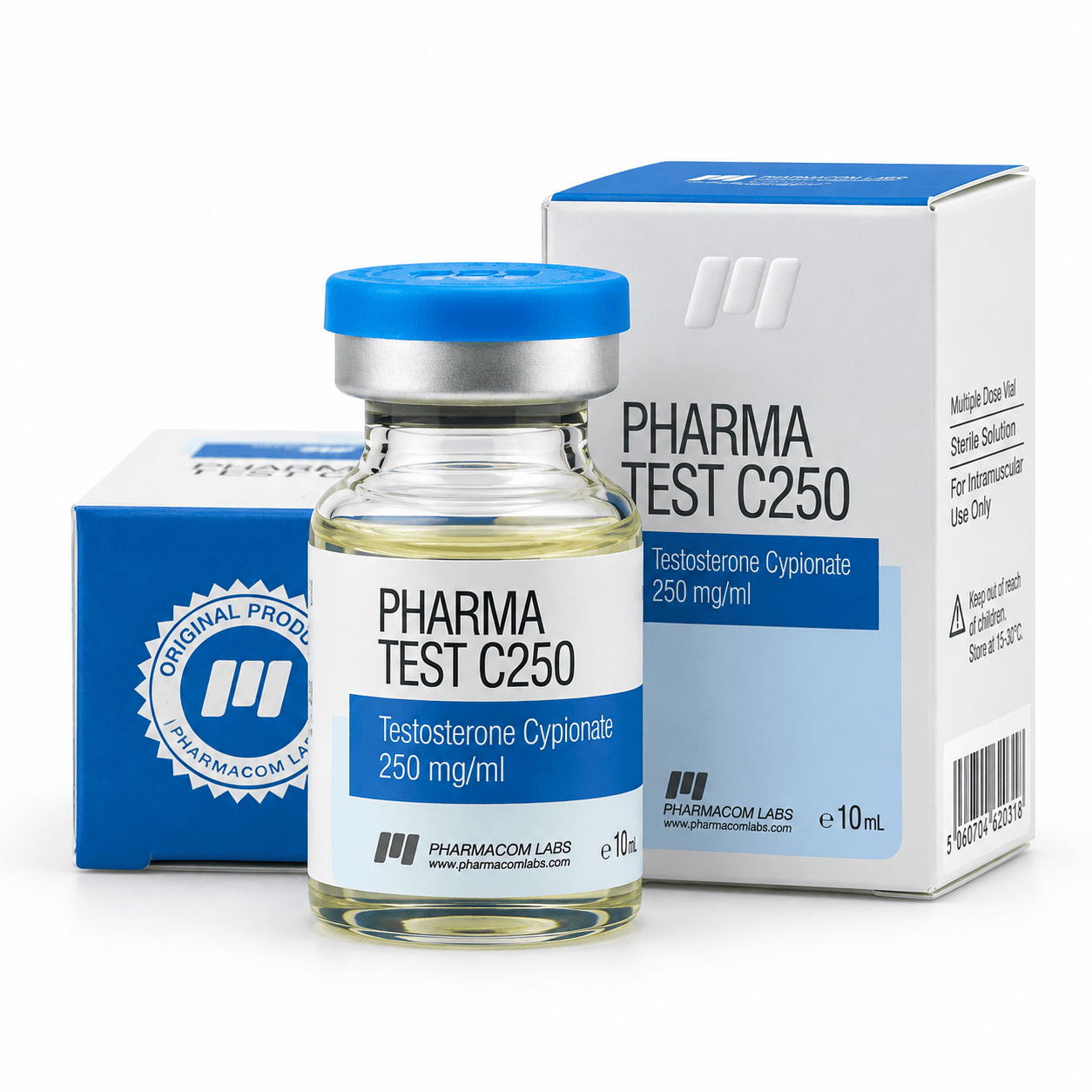 PHARMATEST C 250 10ml vial and packages on white background
