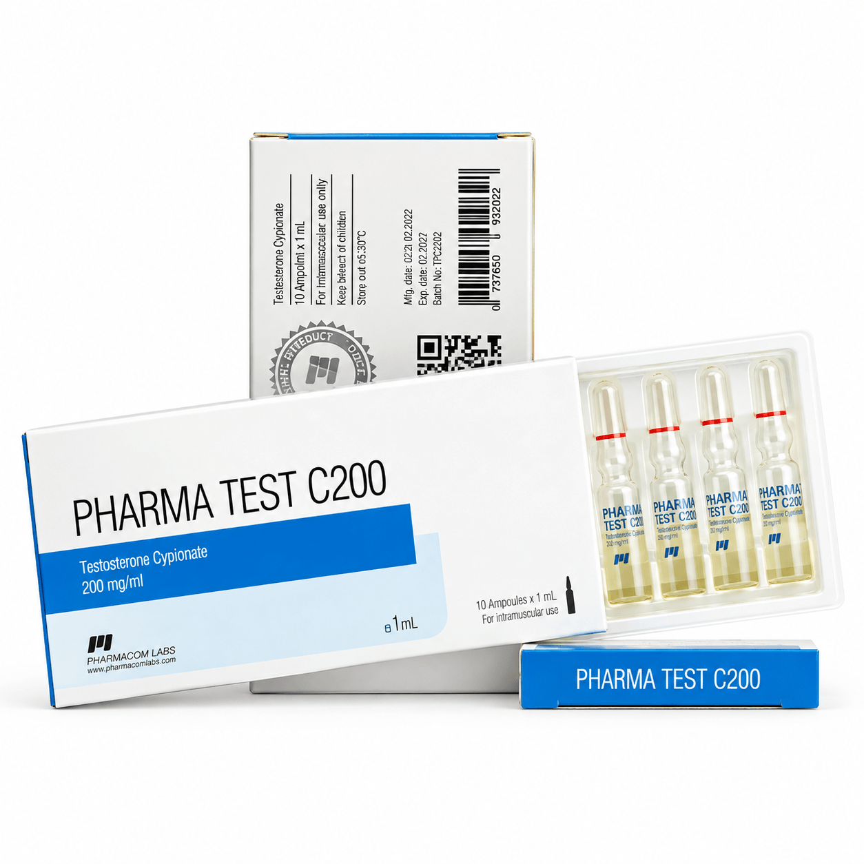 PHARMATEST C 200mg/ml Ampules and packages on white background