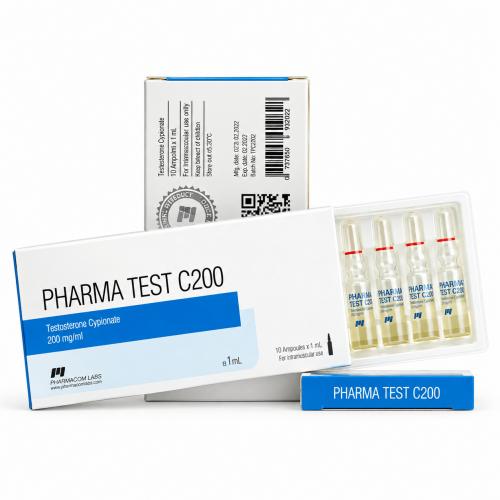 PHARMATEST C 200mg/ml Ampules and packages on white background
