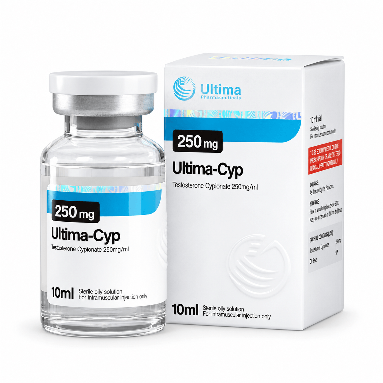 Ultima-Cyp (Testosterone cypionate) 250mg/ml 10ml vial and package on white background