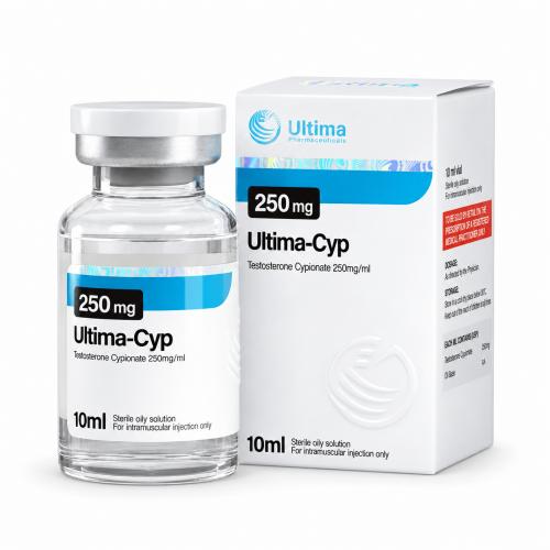 Ultima-Cyp (Testosterone cypionate) 250mg/ml 10ml vial and package on white background