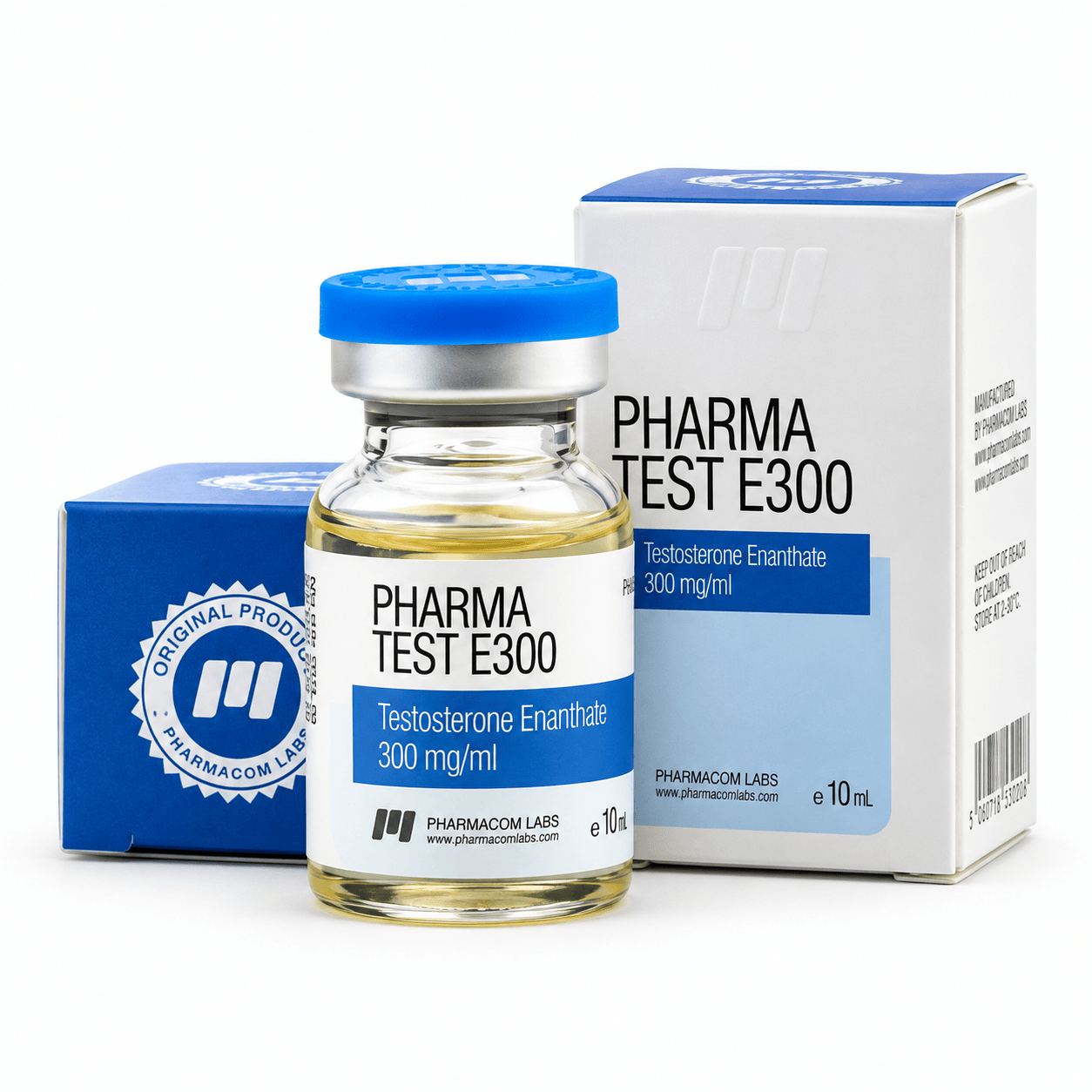 PHARMATEST E 300mg/ml 10ml vial and packages on white background