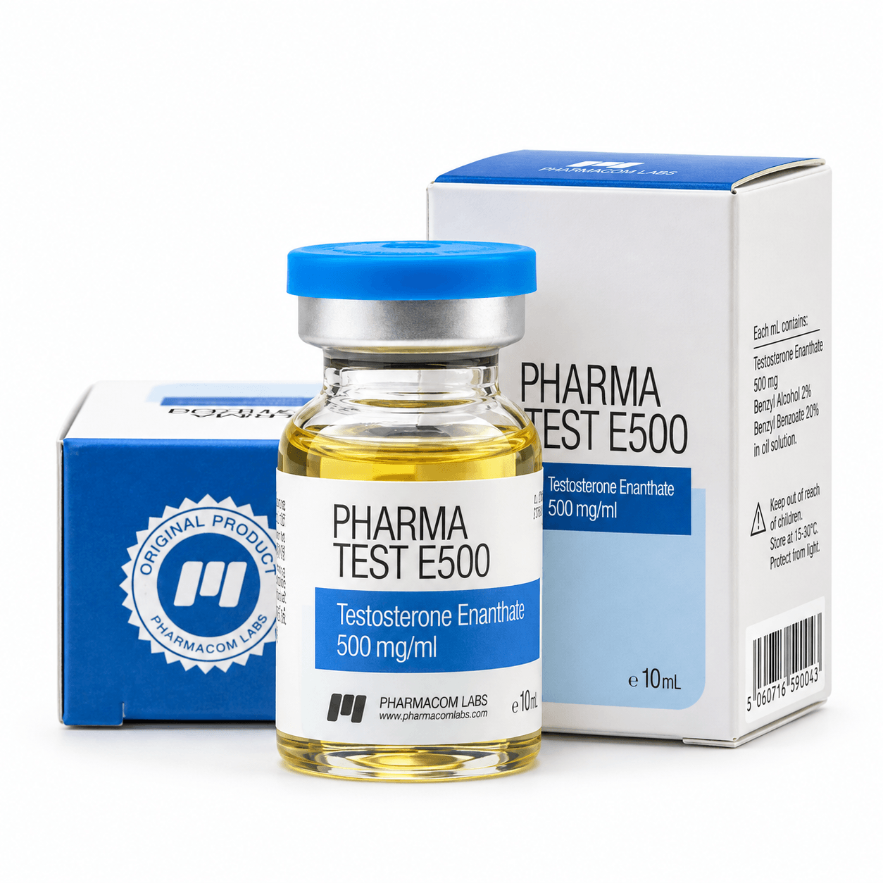 PHARMATEST E 500mg/ml 10ml vial and packages on white background