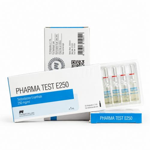 PHARMATEST E 250mg/ml 1ml Ampules and packages on white background