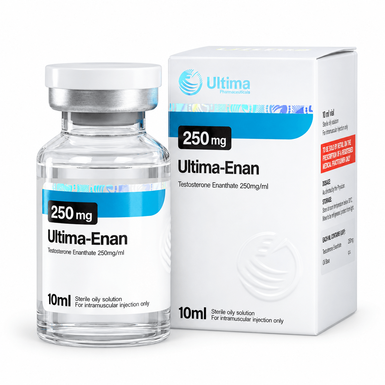 Ultima-Enan 250mg/ml 10ml vial and package on white background