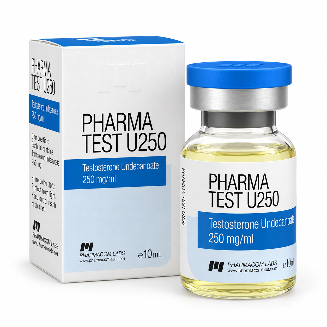 PHARMATEST U 250mg/ml 10ml vial and package on white background