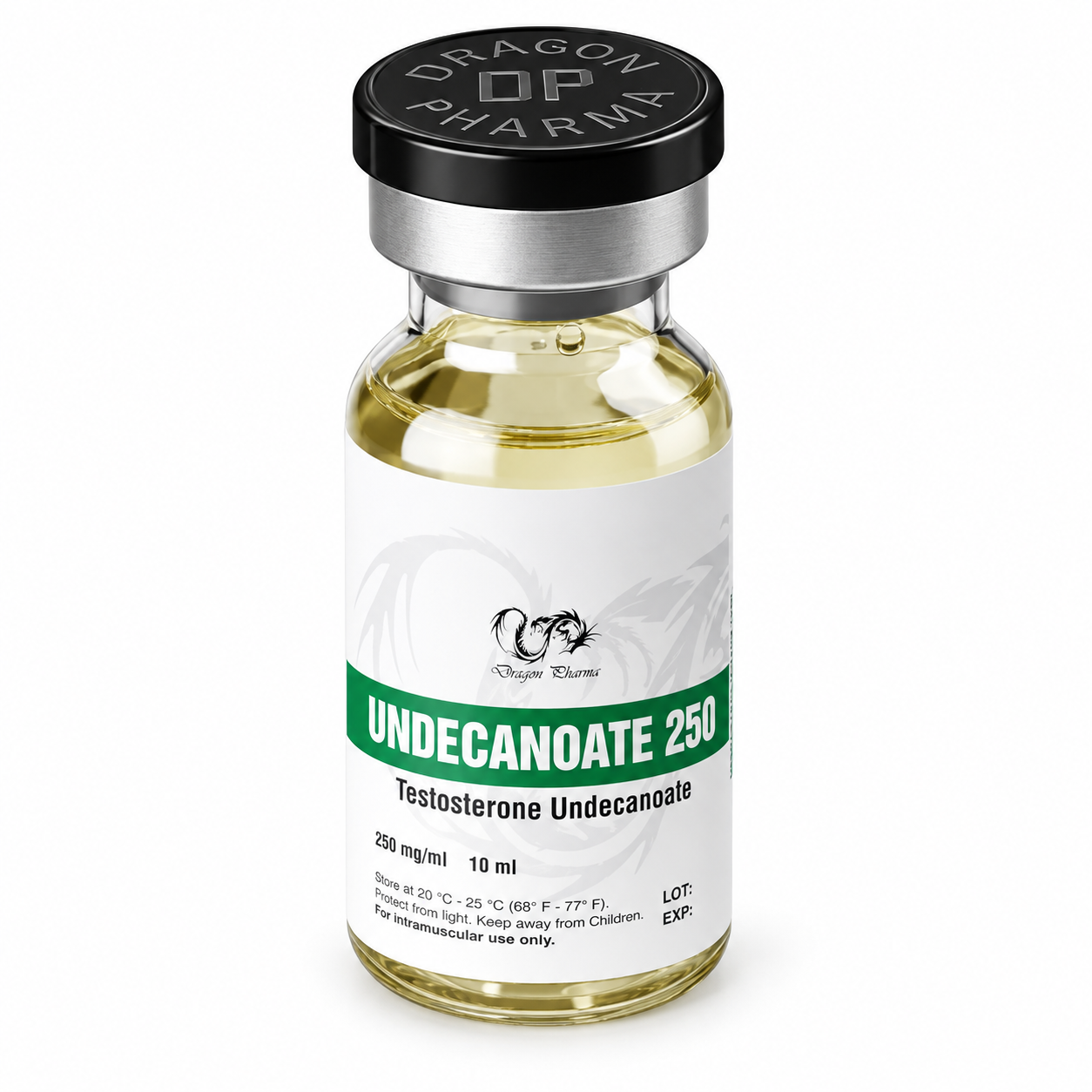 Undecanoate by dragon pharma 250mg/ml 10ml vial on white background