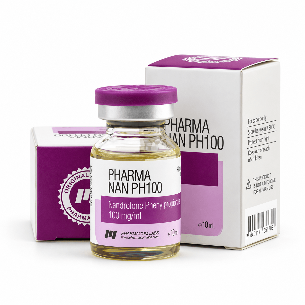 Pharmanan PH 100mg/ml 10ml vial and packages on white background