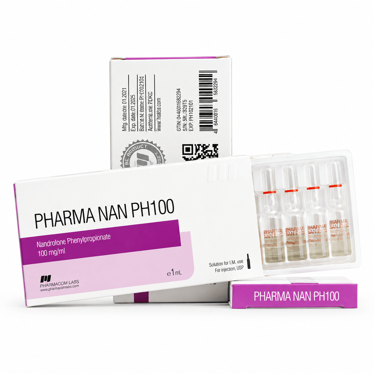 Pharmanan PH 100mg/ml 1ml ampules and packages on white background