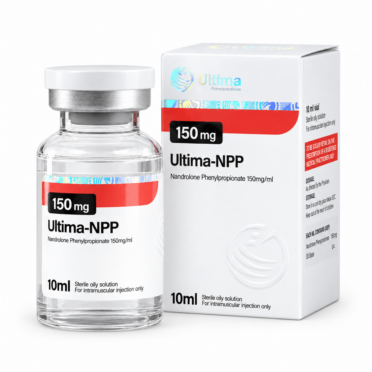 Ultima-NPP 150mg/ml 10ml vial and package on white background