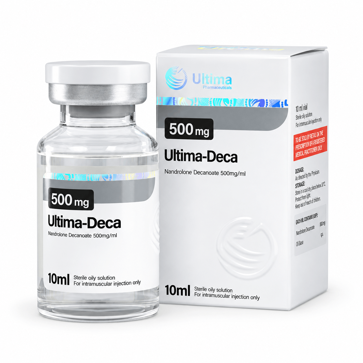 Ultima-Deca 500mg/ml 10ml vial and package on white background