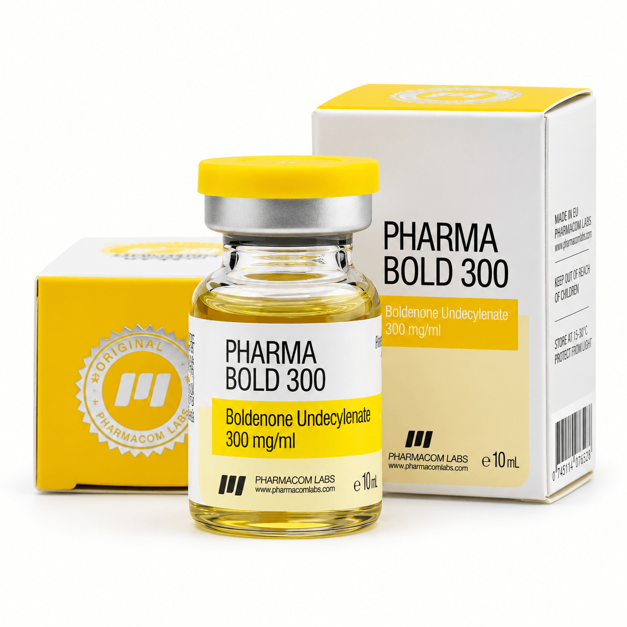 Boldenone Pharmabold 300mg/ml 10ml vial with packages on white background