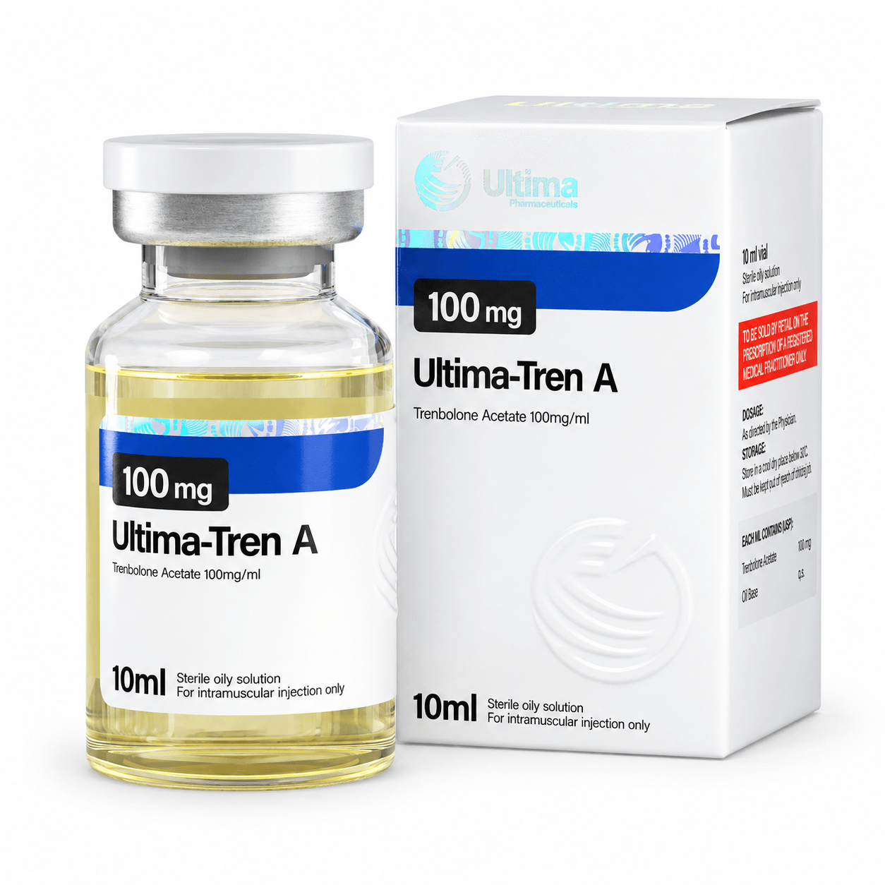 Ultima-Tren A (Trenbolone Acetate) 100mg/ml 10ml vial and package on white background