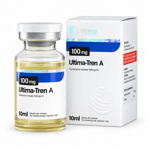 Ultima-Tren A (Trenbolone Acetate) 100mg/ml 10ml vial and package on white background