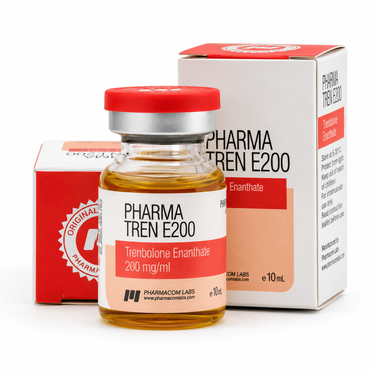 PHARMATREN E (Trenbolone Enanthate) from Pharmacom Labs 200mg/ml 10ml vial and packages on white background