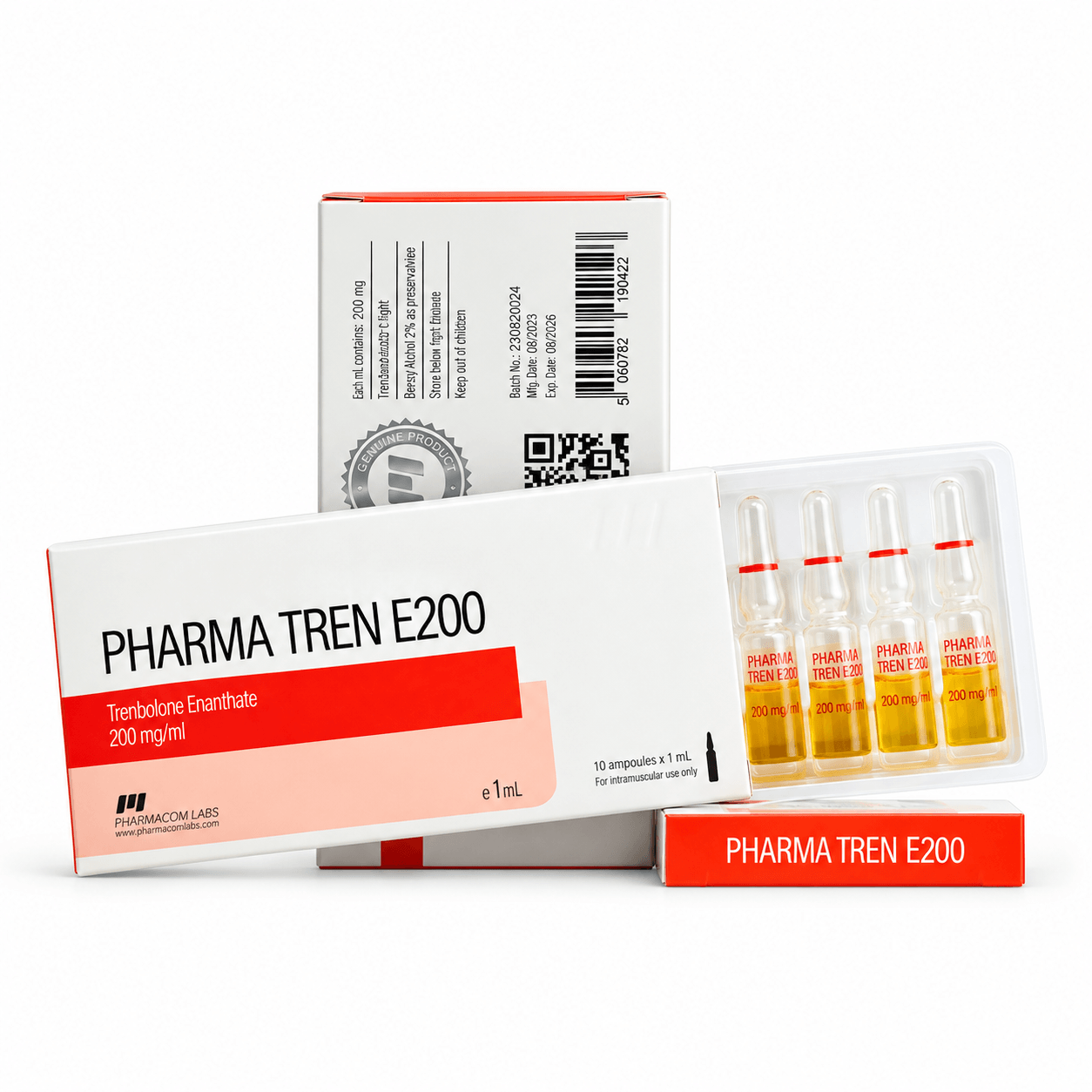 PHARMATREN E (Trenbolone Enanthate) from Pharmacom Labs 200mg/ml 1ml Ampules  and packages on white background