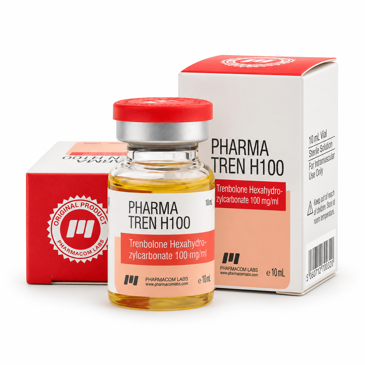 PHARMATREN H (Trenbolone Hexahydrobenzylcarbonate) 100mg/ml 10ml vial and packages on white background