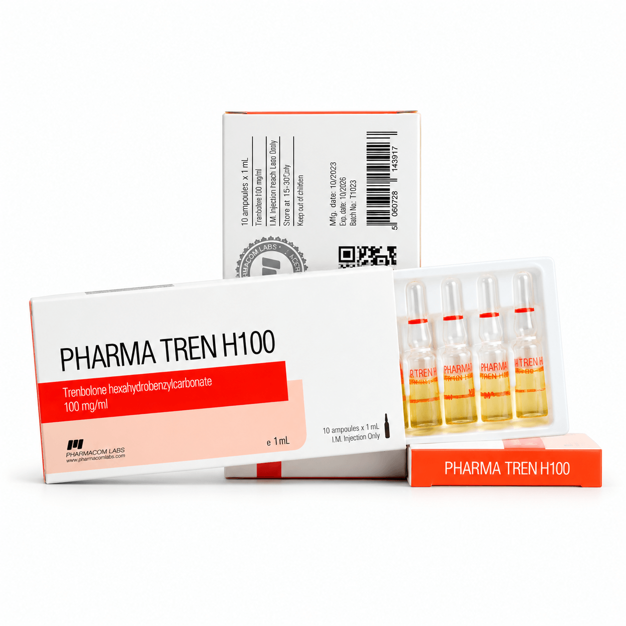 PHARMATREN H (Trenbolone Hexahydrobenzylcarbonate) 100mg/ml 1ml Ampules and packages by Pharmacom labs on white background