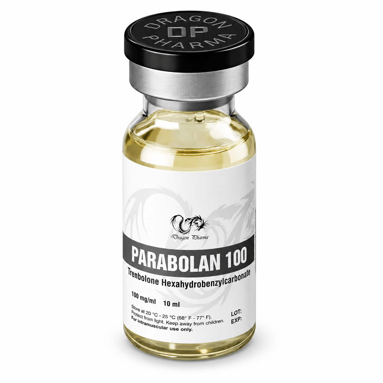 Parabolan (Trenbolone Hexahydrobenzylcarbonate) by Dragon Pharma 100mg/ml 10ml vial on white background