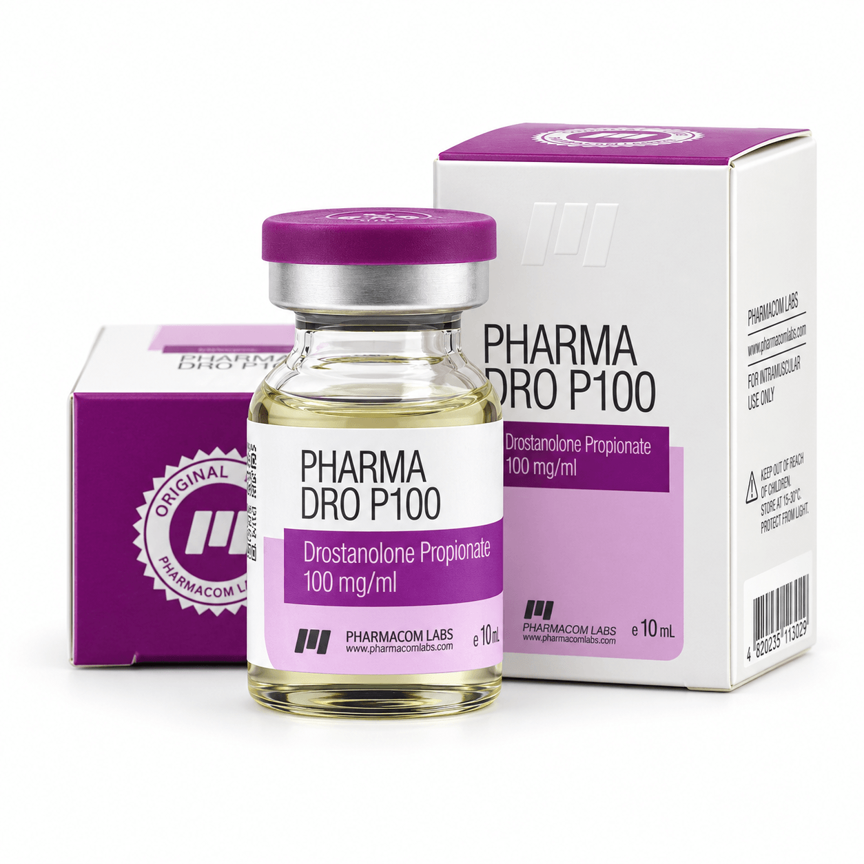 Masteron Pharmadro P 100mg/ml 10ml vial and packages on white background