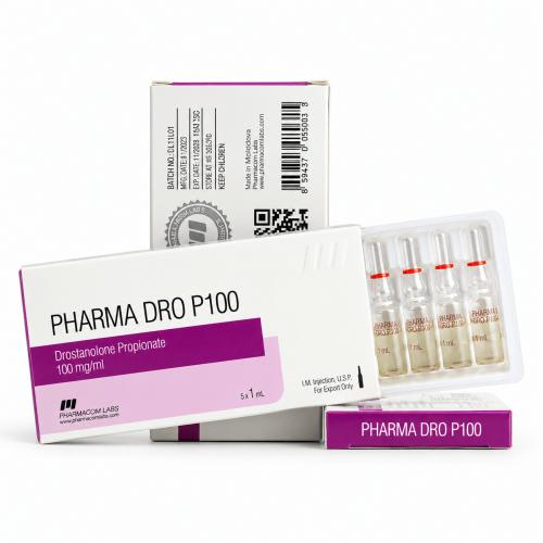 Drostanolone Pharmadro P (Drostanolone Propionate) by Pharmacom Labs 100mg/ml  1ml ampules and packages on white background