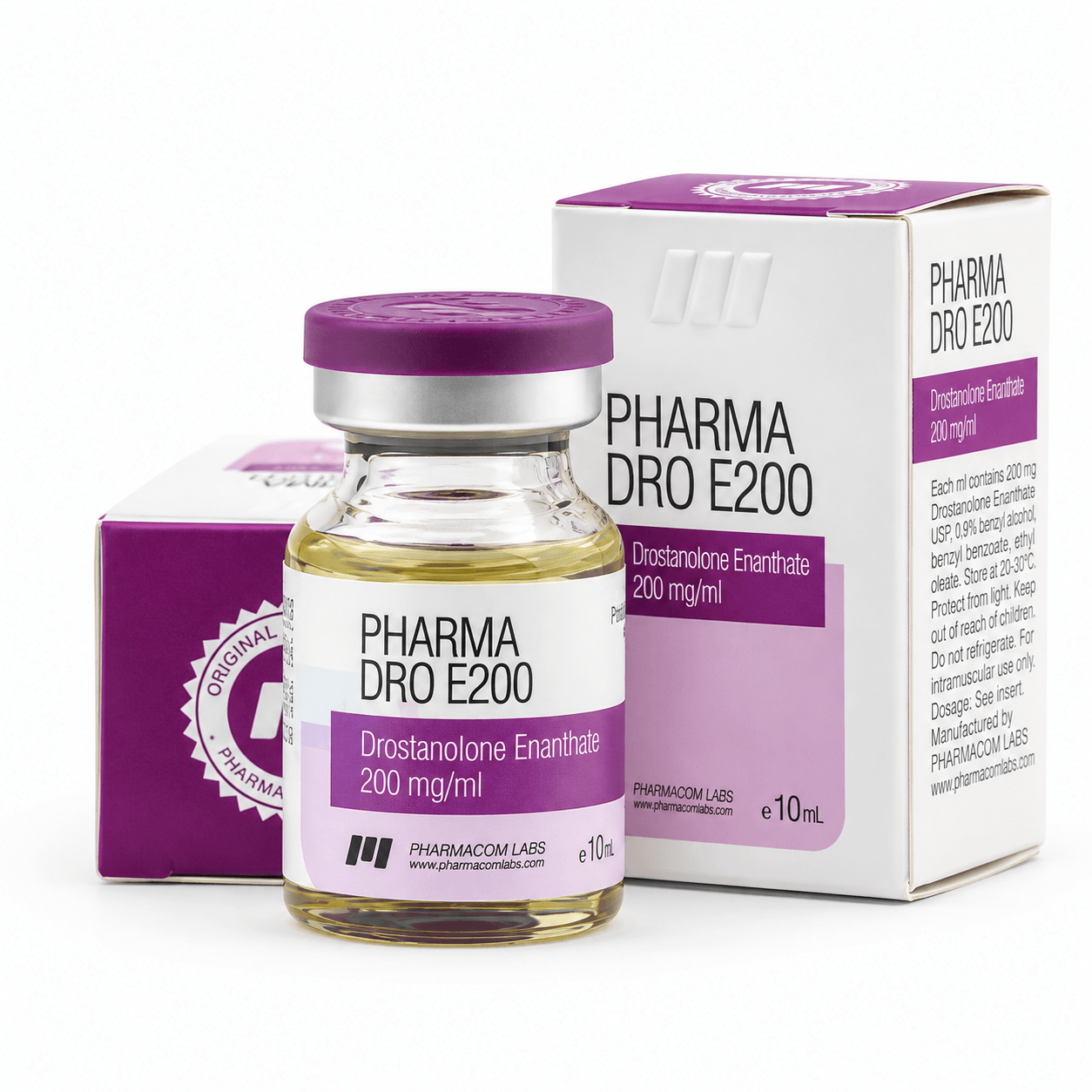 Masteron Pharmadro E (Drostanolone Enanthate) by Pharmacom Labs 200mg/ml 10ml vial and packages on white background