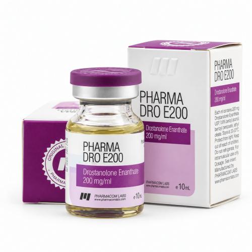 Masteron Pharmadro E (Drostanolone Enanthate) by Pharmacom Labs 200mg/ml 10ml vial and packages on white background