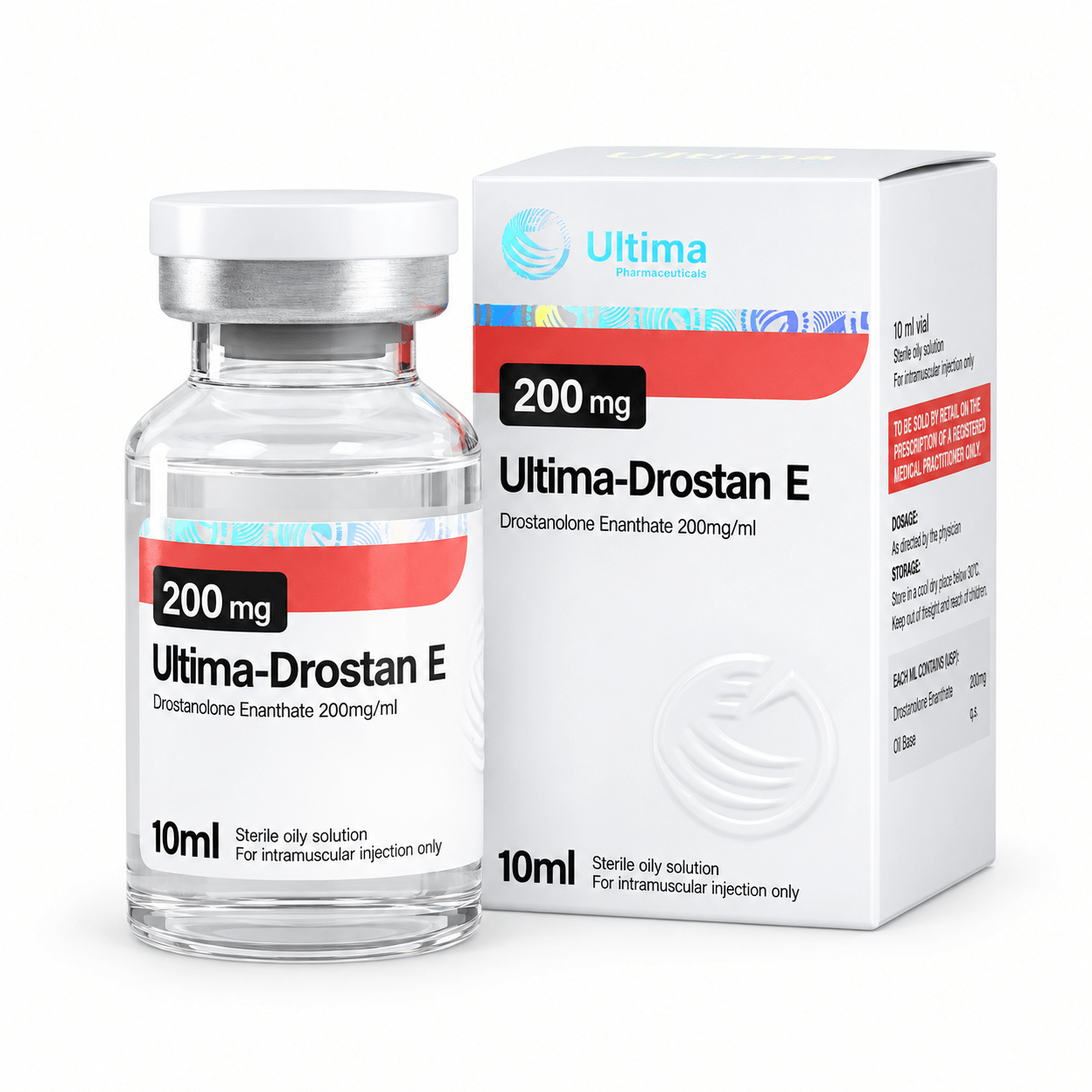 Ultima-Drostan E (Drostanolone Enanthate) by Ultima Pharmaceuticals 200mg/ml 10ml vial and package on white background