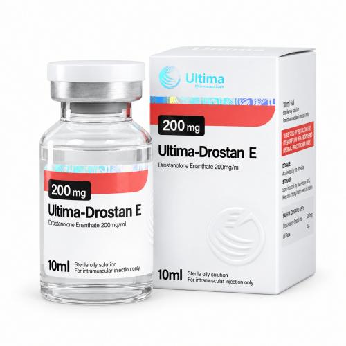Ultima-Drostan E (Drostanolone Enanthate) by Ultima Pharmaceuticals 200mg/ml 10ml vial and package on white background