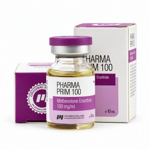 Methenolone Pharmaprim (Methenolone Enanthate) by Pharmacom Labs 100mg/ml 10ml vial and packages on white background