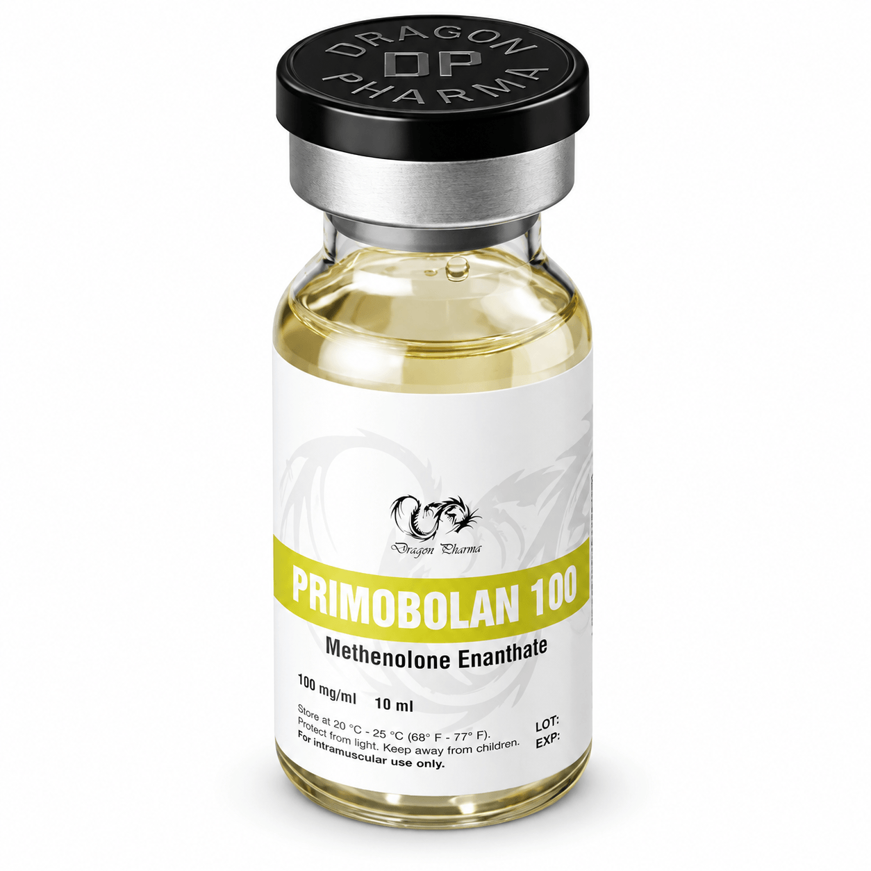 Primobolan (Methenolone Enanthate) by Dragon Pharma 100mg/ml 10ml vial on white background 