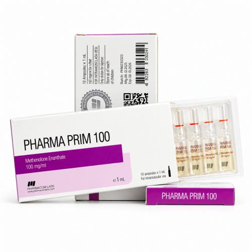 Pharmaprim (Methenolone Enanthate) by Pharmacom Labs 100mg/ml 1ml ampules and packages on white background