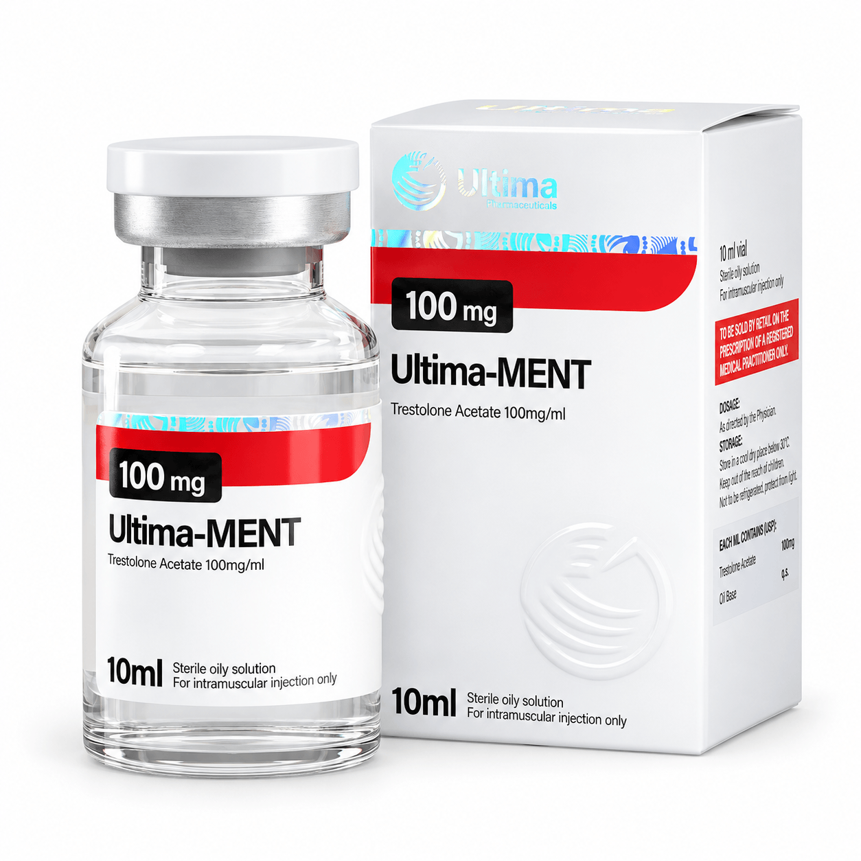 Ultima-Ment (Trestolone Acetate) by Ultima Pharmaceuticals 100mg/ml 10ml vial and package on white background