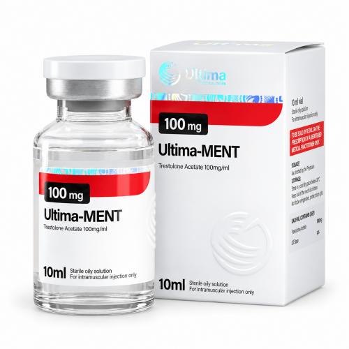 Ultima-Ment (Trestolone Acetate) by Ultima Pharmaceuticals 100mg/ml 10ml vial and package on white background