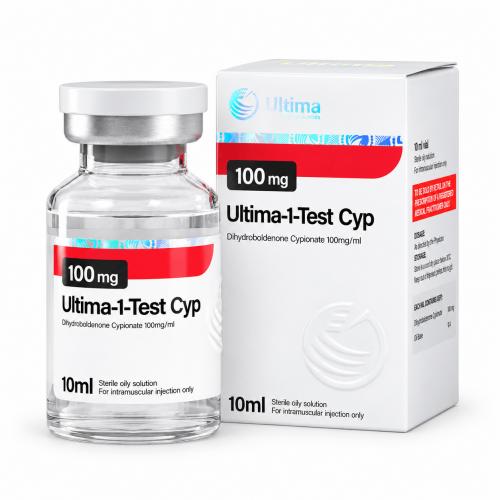 Ultima-1-Test Cyp (Dihydroboldenone Cypionate) by Ultima Pharmaceuticals 100mg/ml 10ml vial and package on white background