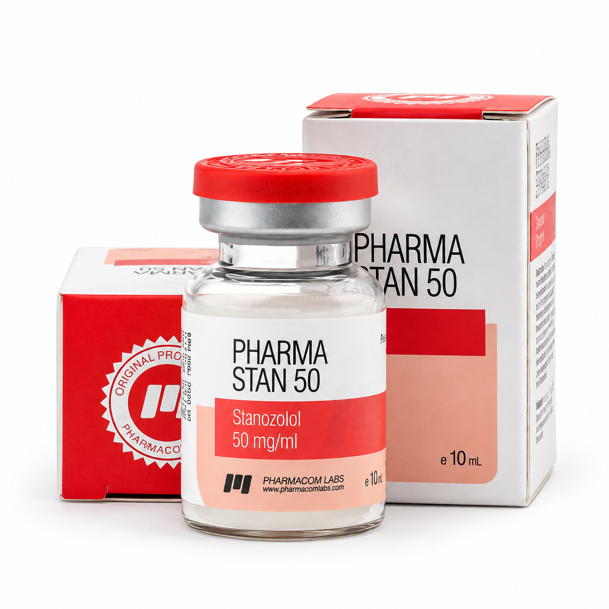 Pharmastan (Winstrol Injection) by Pharmacom Labs 50mg/ml 10ml vials and packages on white background