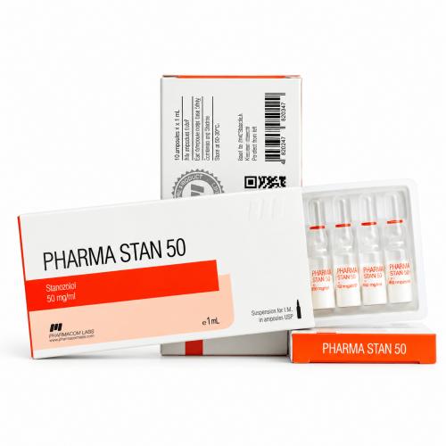 Pharmastan (Winstrol Injectable) by Pharmacom labs 50mg/ml 1ml Ampoules and packages on white background