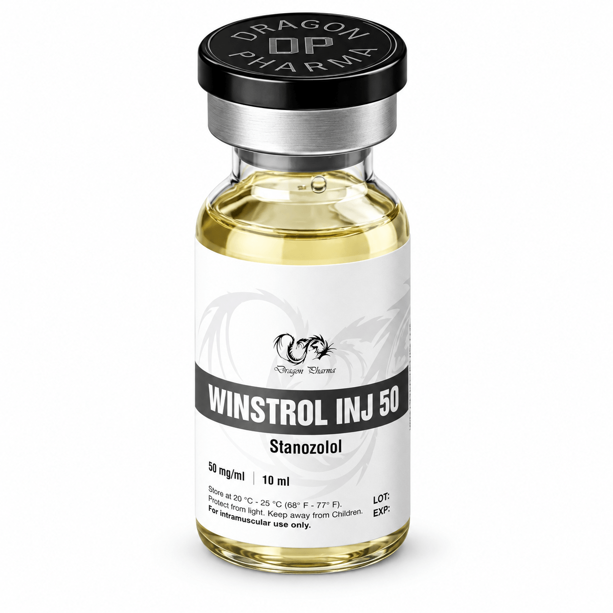Winstrol Injectable by Dragon Pharma 50mg/ml 10ml vial on white background 
