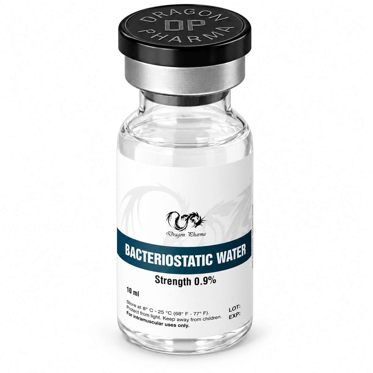 Bacteriostatic Water by Dragon Pharma 10ml vial on white background