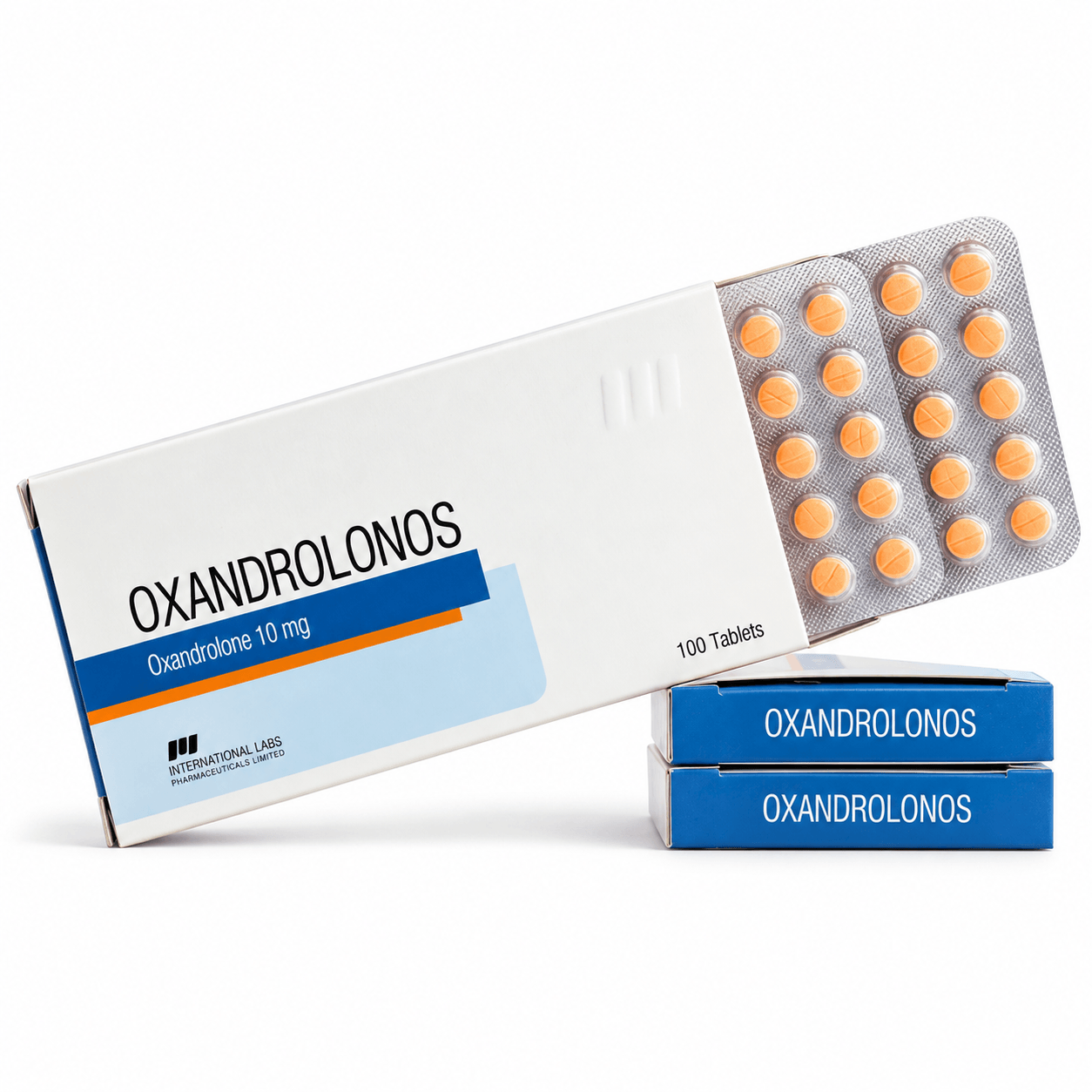Oxandrolone 10 mg tabs by Pharmacom Labs on white background