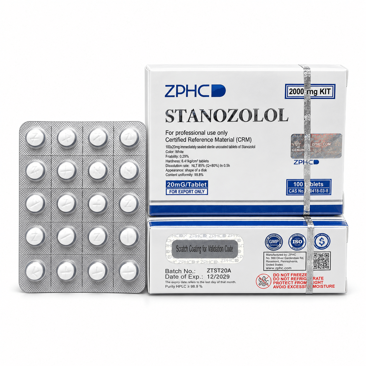 Stanozolol (Winstrol) ZPHC 100x20 mg tablets and packages on white background