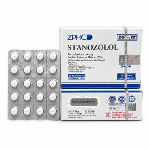 Stanozolol (Winstrol) ZPHC 100x20 mg tablets and packages on white background