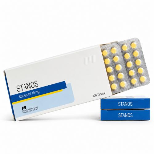 Stanos (Winstrol) by Pharmacom Labs 10 mg pills and packages on white background