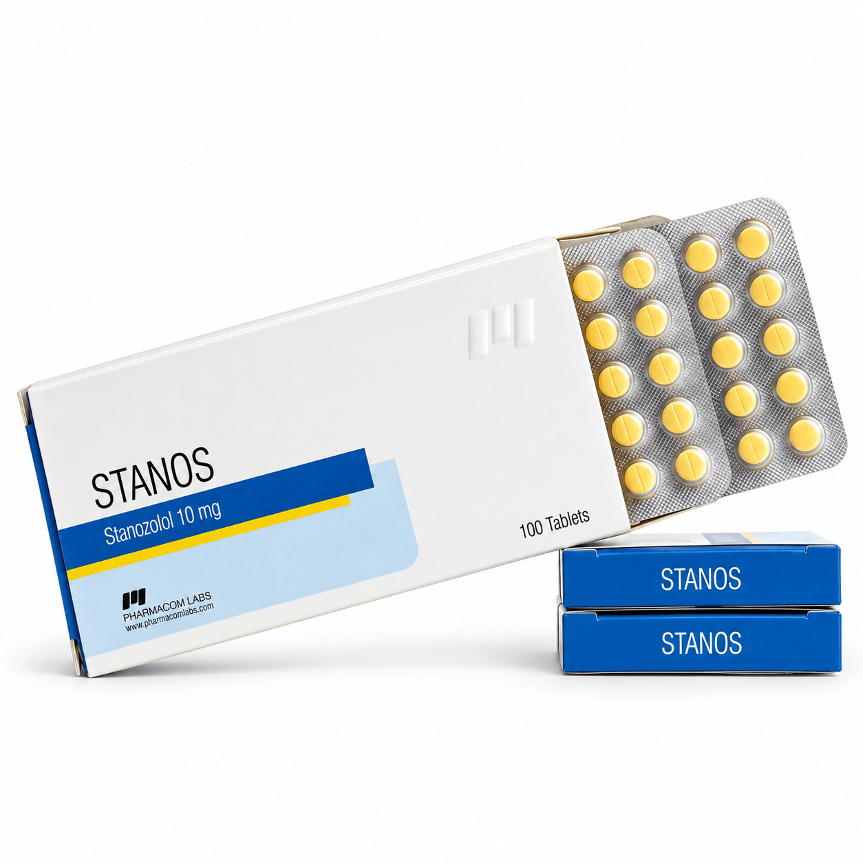 Stanos (Winstrol) by Pharmacom Labs 25 mg tabs and packages on white background