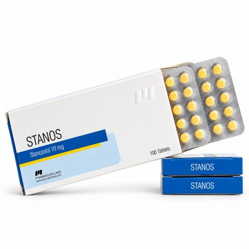 Stanos (Winstrol) by Pharmacom Labs 25 mg tabs and packages on white background